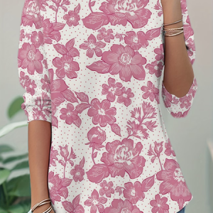 Women Floral Long Sleeve Tee T-shirt Crew Neck Casual Tunic Spring/Fall Top, JustFashionNow T-Shirts, color:Pink|size:XXL