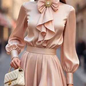 Satin Elegant Plain Peplum Shirt Collar Shirt With Brooch, Blouses and Shirts, color:Pink|size:XXL, Stylewe