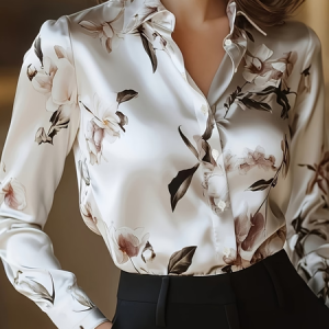 Women Floral Shawl Collar Long Sleeve Shirt Casual Daily Spring/Fall Top, JustFashionNow Shirts, color:White|size:XXL