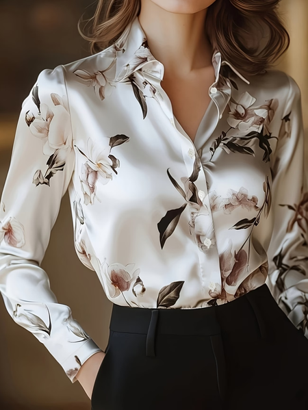 Women Floral Shawl Collar Long Sleeve Shirt Casual Daily Spring/Fall Top, JustFashionNow Shirts, color:White|size:XXL
