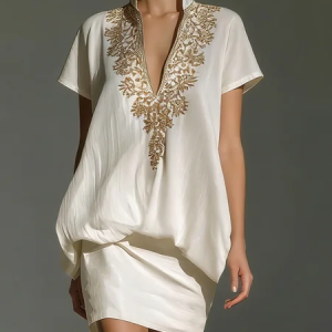 Elegant Ethnic Embroidery Stand Collar Mini Dress, Mini Dresses, color:As Picture|size:XXL, Stylewe