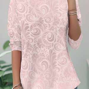 Women Abstract Long Sleeve Tee T-shirt Crew Neck Casual Tunic Spring/Fall Top, JustFashionNow T-Shirts, color:Pink|size:XXL