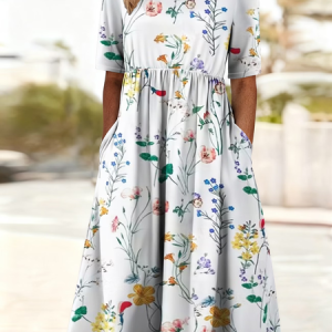 Women Floral Short Sleeve Crew Neck Printing Dress Daily Casual Maxi Shift Dress H-Line Summer Dress, JustFashionNow Casual Dresses, color:White|size:5XL