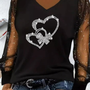 Women Heart/Cordate Long Sleeve Tee T-shirt V Neck Party Spring/Fall Top, JustFashionNow T-Shirts, color:As Picture|size:5XL