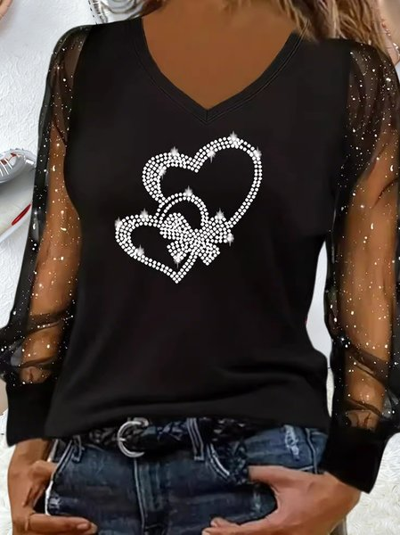 Women Heart/Cordate Long Sleeve Tee T-shirt V Neck Party Spring/Fall Top, JustFashionNow T-Shirts, color:As Picture|size:5XL