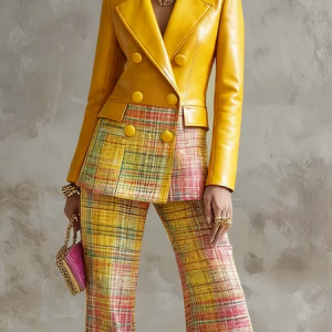 Urban Geometric Plaid Faux Leather Lapel Coat, Jackets, color:As Picture|size:XXL, Stylewe