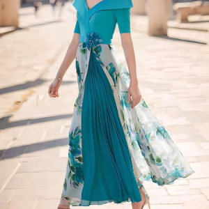 Elegant Floral Gathered V Neck Midi Dress, Cocktail Dresses, color:Blue|size:XXL, Stylewe