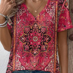 Women Ethnic Short Sleeve Tee T-shirt V Neck Printing Vintage Summer Top, JustFashionNow T-Shirts, color:Pink|size:4XL