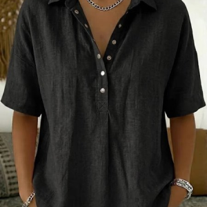 Women Plain Mock Neck Short Sleeve Shirt Split Joint Casual Daily Summer Top, JustFashionNow Blouses, color:Black|size:3XL