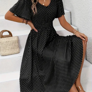 Women Polka Dots Short Sleeve V Neck Printing Dress Daily Casual Maxi Tank A-Line Summer Dress, JustFashionNow Dresses, color:Black|size:XXL