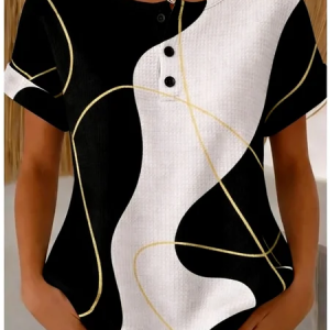Women Geometric Short Sleeve Tee T-shirt Vintage Summer Top, JustFashionNow T-Shirts, color:Black|size:5XL
