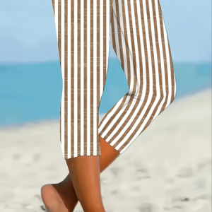 Women Striped Capris Elastic Waist Pants Casual Summer Trousers, JustFashionNow Leggings, color:Khaki|size:XXL