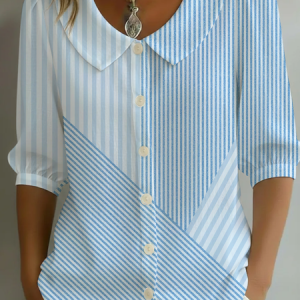 Women Striped Shawl Collar Half Sleeve Shirt Printing Casual Daily Summer Top, JustFashionNow Shirts, color:Blue|size:5XL