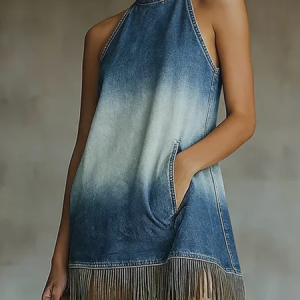 Casual Natural Denim Mini Dress Stand Collar Daily Wear, Mini Dresses, color:Denim Blue|size:XXL, Stylewe