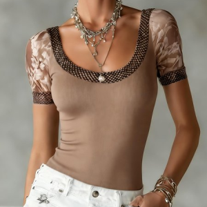 Casual Random Print Printing U-Neck T-shirt, Tees, color:Light Brown|size:XXL, Stylewe