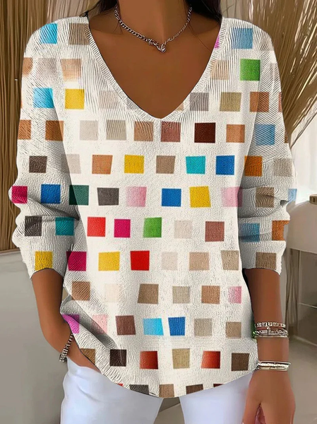 Women Abstract Long Sleeve Tee T-shirt V Neck Printing Casual Spring/Fall Top, JustFashionNow T-Shirts, color:Apricot|size:4XL