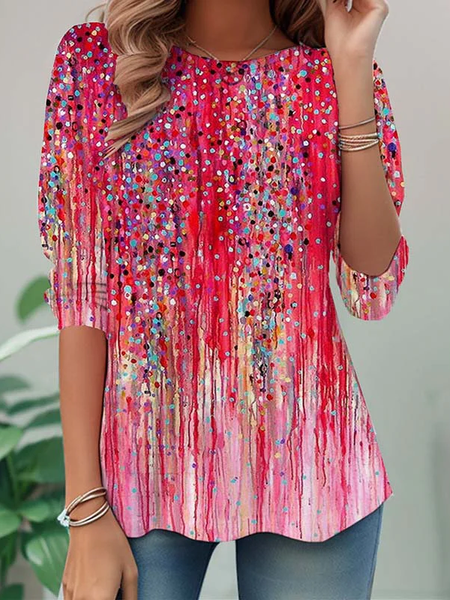 Women Abstract Long Sleeve Tee T-shirt Crew Neck Printing Casual Tunic Spring/Fall Top, JustFashionNow T-Shirts, color:Pink|size:XXL
