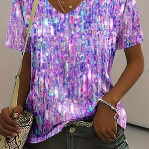 Women Abstract Short Sleeve Tee T-shirt V Neck Printing Vintage Summer Top, JustFashionNow T-Shirts, color:Purple|size:4XL