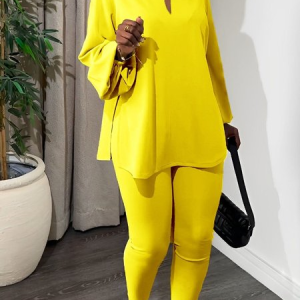 Women Plain Split Joint Balloon Sleeve Two-Piece Set Daily Long Sleeve Casual Spring/Fall Top With Pants Matching Set, JustFashionNow Suit Set, color:Yellow|size:3XL