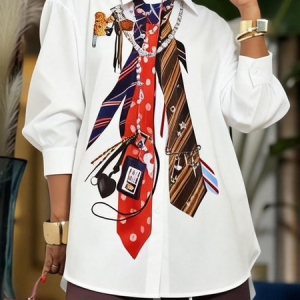 Plus Size Urban Painting Printing Shirt Collar Shirt, Plus Tops, color:White|size:4X, Stylewe