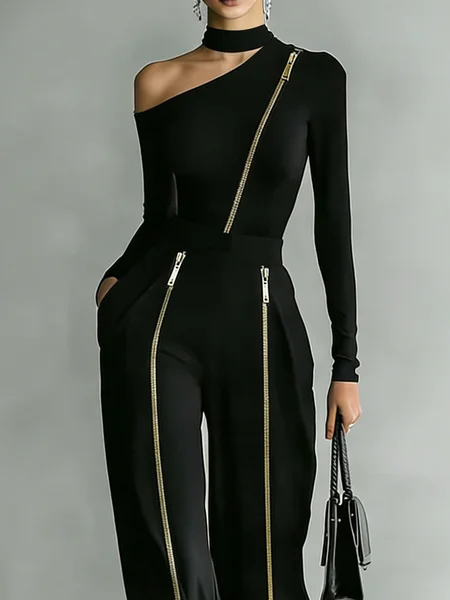 Urban Plain Irregular Craftsmanship Stand Collar Blouse, Blouses and Shirts, color:Black|size:XXL, Stylewe - Image 2