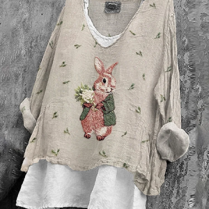 Women Easter (rabbit) V Neck Long Sleeve Blouse Printing Casual Daily Spring/Fall Top, JustFashionNow Blouses, color:As Picture|size:5XL