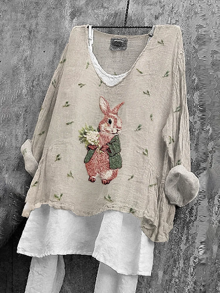 Women Easter (rabbit) V Neck Long Sleeve Blouse Printing Casual Daily Spring/Fall Top, JustFashionNow Blouses, color:As Picture|size:5XL