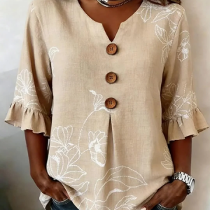 Women Floral V Neck Half Sleeve Blouse Printing Vintage Daily Summer Top, JustFashionNow Blouses, color:Khaki|size:5XL