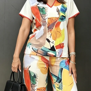 Urban Random Print V Neck Blouse, Blouses and Shirts, color:As Picture|size:XXL, Stylewe