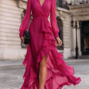 Elegant Plain Peplum Shawl Collar Maxi Dress With Belt, Maxi Dresses, color:Deep Pink|size:XXL, Stylewe