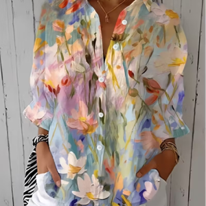 Women Floral Shirt Collar Three Quarter Sleeve Shirt Printing Casual Daily Spring/Fall Top, JustFashionNow Shirts, color:As Picture|size:5XL