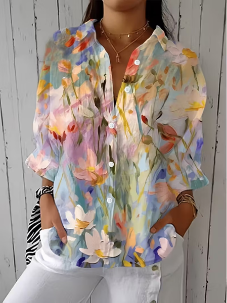 Women Floral Shirt Collar Three Quarter Sleeve Shirt Printing Casual Daily Spring/Fall Top, JustFashionNow Shirts, color:As Picture|size:5XL