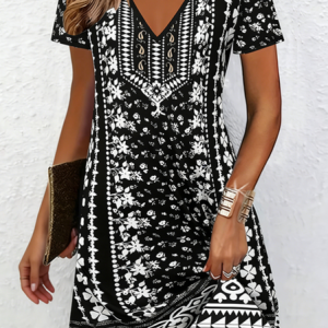 Women Ethnic Short Sleeve V Neck Printing Dress Daily Casual Knee Length T-Shirt Dress H-Line Summer Dress, JustFashionNow Casual Dresses, color:Black|size:XXL