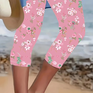 Women Floral Capris Elastic Waist Pants Casual Summer Trousers, JustFashionNow Leggings, color:Pink|size:XXL
