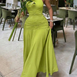 Urban Plain Gathered Mock Neck Maxi Dress, Maxi Dresses, color:Green|size:XXL, Stylewe