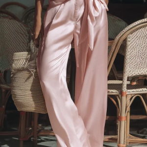 Urban Plain Split Joint Wide Leg Pants With Belt, Pants, color:Pink|size:XXL, Stylewe