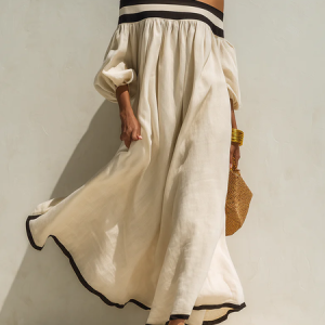 Vacation Color Block Cold Shoulder Cotton And Linen Maxi Dress, Maxi Dresses, color:Oatmeal|size:XXL, Stylewe