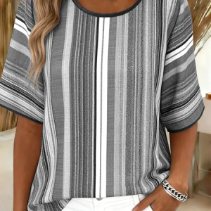 Women Striped Short Sleeve Tee T-shirt Crew Neck Vintage Summer Top, JustFashionNow T-Shirts, color:Gray|size:5XL