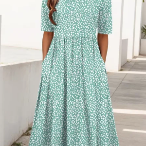 Women Abstract Polka Dots Short Sleeve Crew Neck Printing Dress Daily Casual Maxi Shift Dress H-Line Summer Dress, JustFashionNow Casual Dresses, color:Green|size:4XL