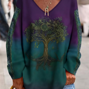 Women Tree Long Sleeve Tee T-shirt V Neck Printing Casual Spring/Fall Top, JustFashionNow T-Shirts, color:As Picture|size:4XL