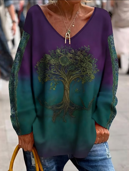 Women Tree Long Sleeve Tee T-shirt V Neck Printing Casual Spring/Fall Top, JustFashionNow T-Shirts, color:As Picture|size:4XL