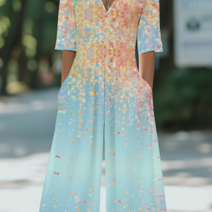 Women Floral V Neck Half Sleeve Casual Summer Jumpsuit, JustFashionNow Jumpsuits＆Rompers, color:Blue|size:4XL