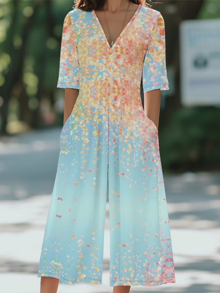 Women Floral V Neck Half Sleeve Casual Summer Jumpsuit, JustFashionNow Jumpsuits&Rompers, color:Blue|size:4XL