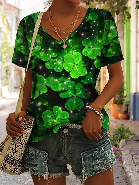 Women Shamrock Short Sleeve Tee T-shirt V Neck Casual Summer Top, JustFashionNow T-Shirts, color:Green|size:XXL - Image 2