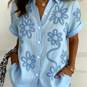 Women Floral Shirt Collar Short Sleeve Shirt Printing Casual Daily Summer Top, JustFashionNow Shirts, color:Blue|size:XXL