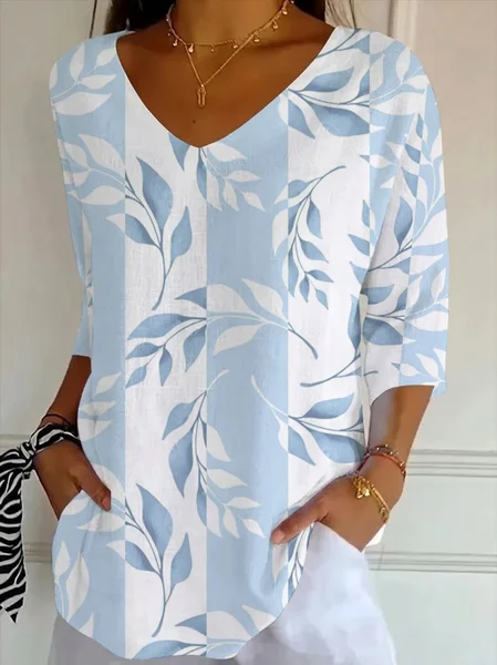 Women Floral Three Quarter Sleeve Tee T-shirt V Neck Printing Casual Graphic Tee Spring/Fall Top, JustFashionNow T-Shirts, color:Blue|size:5XL