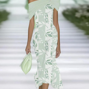 Women Floral Cap Sleeve Cold Shoulder Printing Dress Daily Vintage Maxi H-Line Summer Dress, JustFashionNow Casual Dresses, color:Green|size:4XL