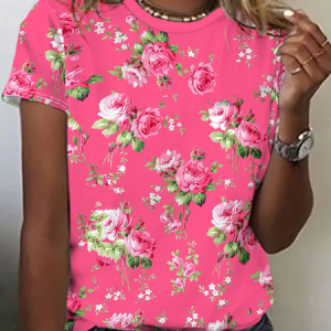 Women Floral Short Sleeve Tee T-shirt Crew Neck Printing Casual Summer Graphic Tee Top, JustFashionNow T-Shirts, color:Pink|size:XXL