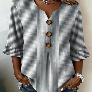 Women Striped V Neck Half Sleeve Blouse Printing Vintage Daily Summer Top, JustFashionNow Blouses, color:Gray|size:5XL