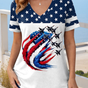 Women Plane Short Sleeve Tee T-shirt V Neck Printing Vintage Summer Top, JustFashionNow T-Shirts, color:White|size:4XL